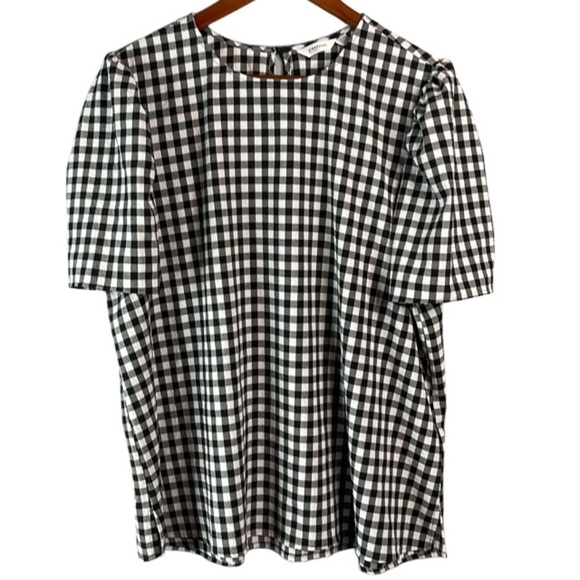 Signature Reitmans Seersucker Gingham Plaid Blouse Puff Sleeve Black White XXL - Picture 2 of 13